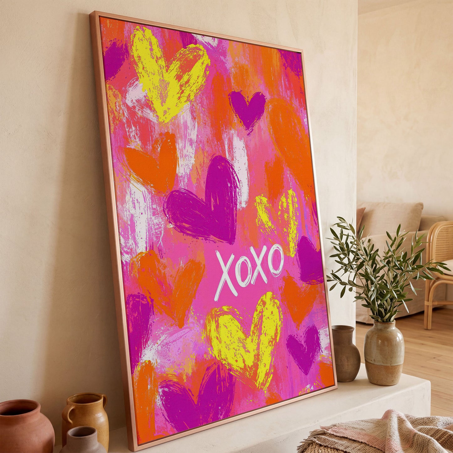 Hearts & XOXO Canvas Print in Fuchsia & Tangerine in rose gold floating frame