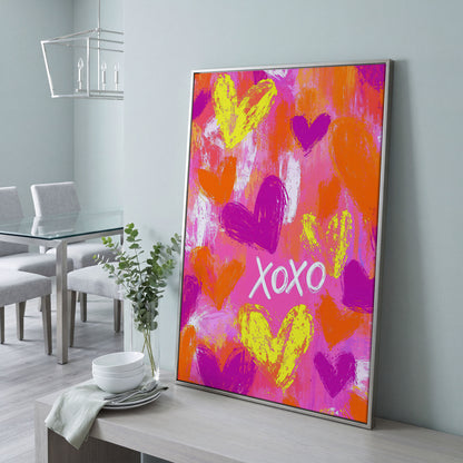 Hearts & XOXO Canvas Print in Fuchsia & Tangerine in silver floating frame
