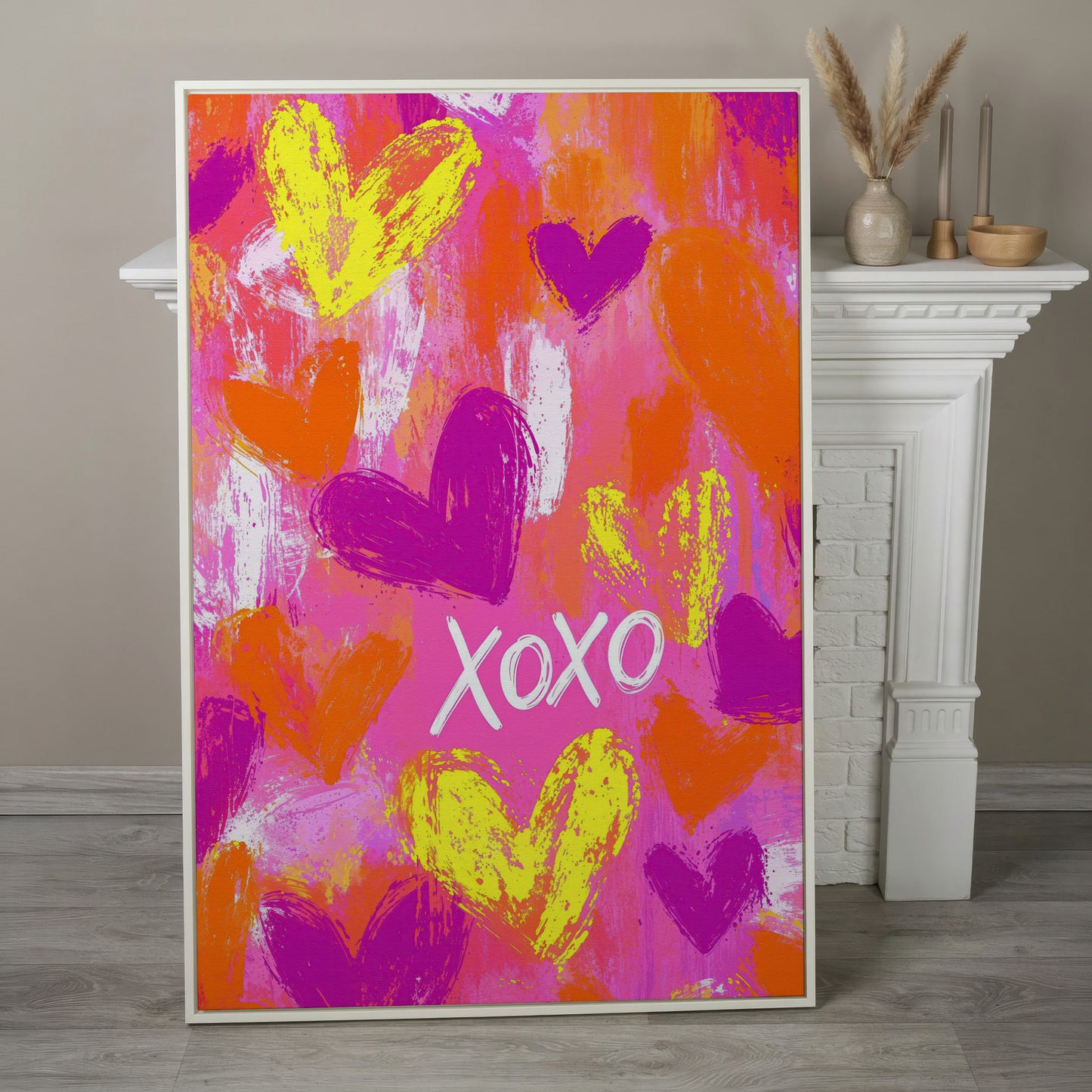 Hearts & XOXO Canvas Print in Fuchsia & Tangerine in white floating frame