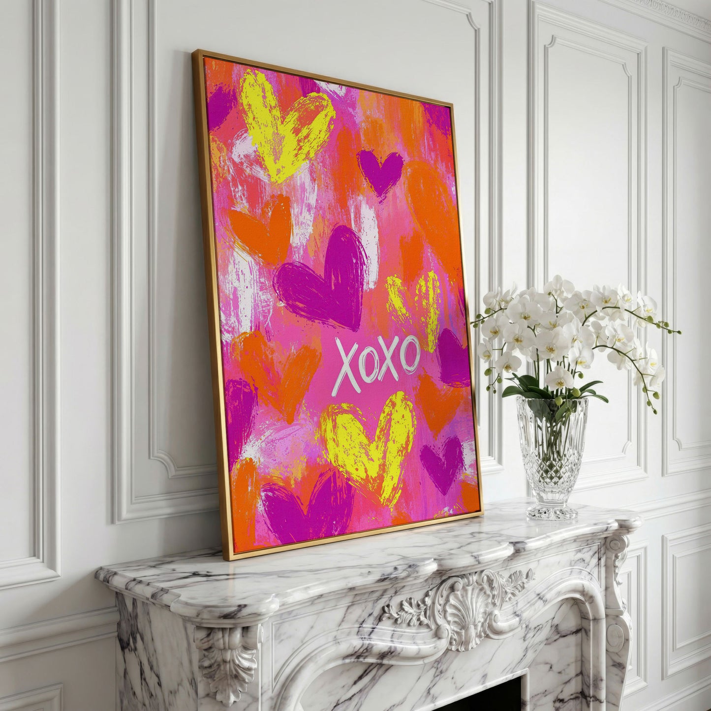 Hearts & XOXO Canvas Print in Fuchsia & Tangerine in yellow gold floating frame