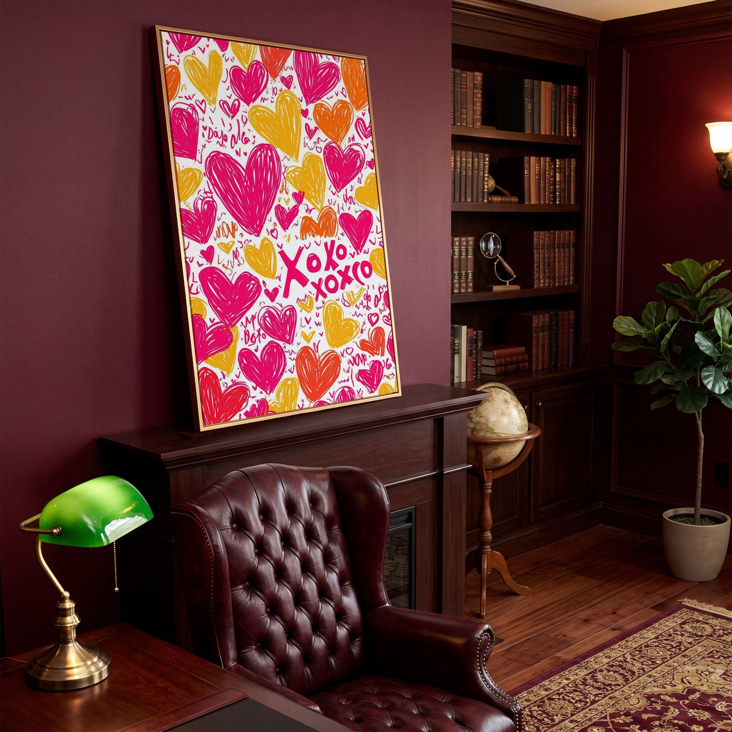 Vivid Hearts Canvas Print with XOXO Pattern in antique gold floating frame