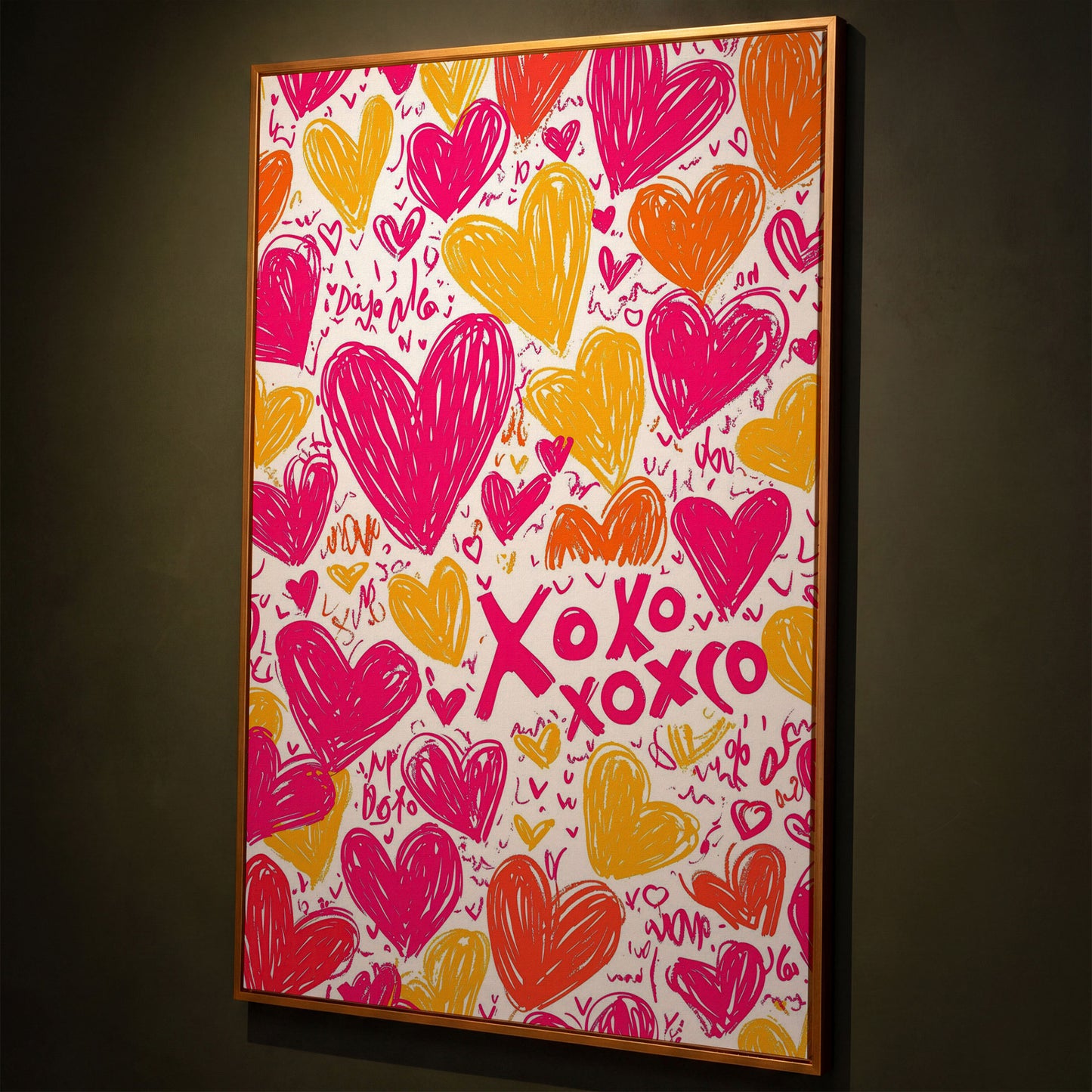 Vivid Hearts Canvas Print with XOXO Pattern shown in antique gold floating frame