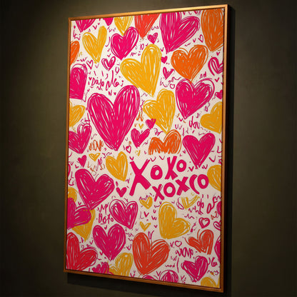 Vivid Hearts Canvas Print with XOXO Pattern shown in antique gold floating frame