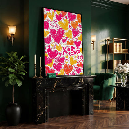 Vivid Hearts Canvas Print with XOXO Pattern in black floating frame