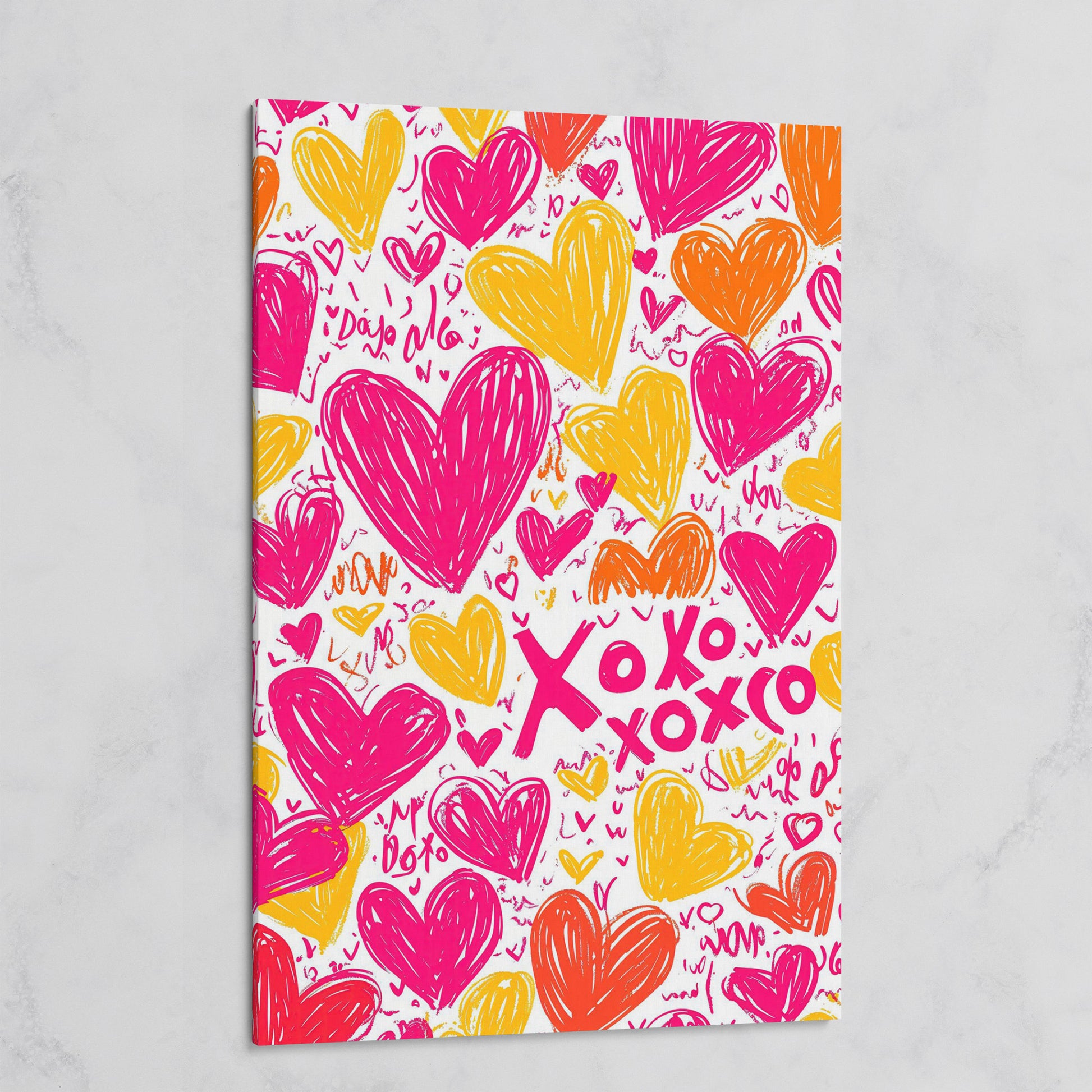Vivid Hearts Canvas Print with XOXO Pattern on gallery wrap