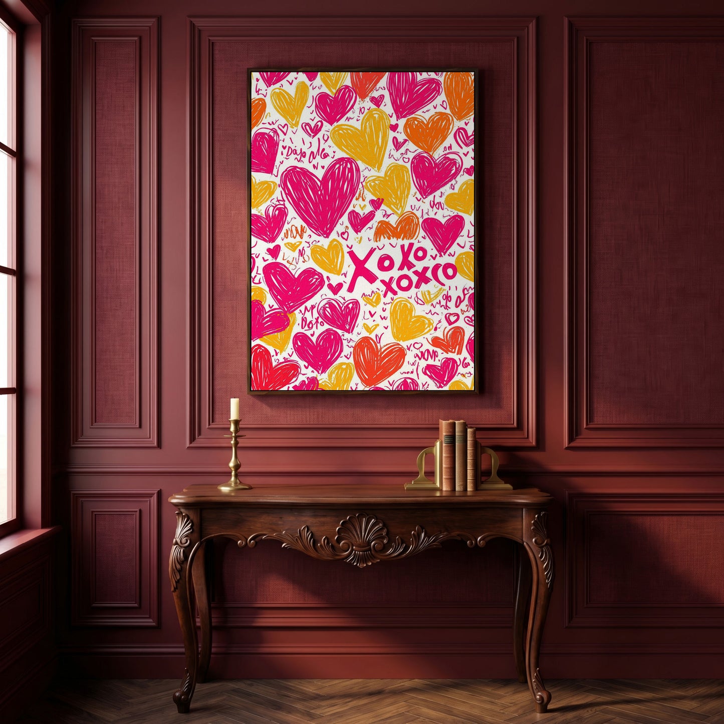 Vivid Hearts Canvas Print with XOXO Pattern in dark walnut floating frame