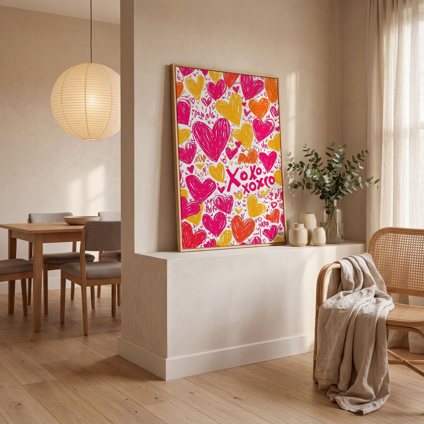 Vivid Hearts Canvas Print with XOXO Pattern in white oak floating frame