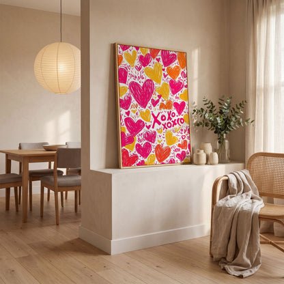 Vivid Hearts Canvas Print with XOXO Pattern in white oak floating frame