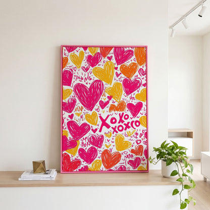 Vivid Hearts Canvas Print with XOXO Pattern in pink floating frame