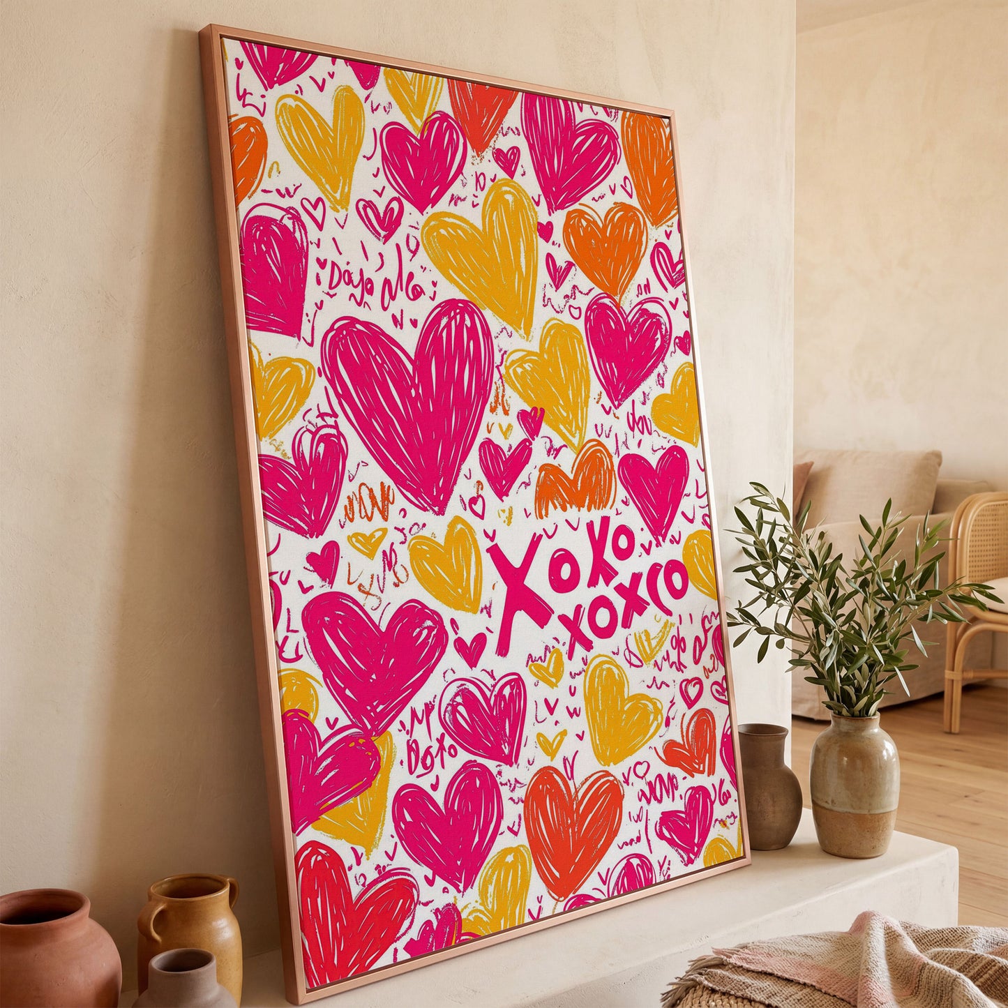 Vivid Hearts Canvas Print with XOXO Pattern in rose gold floating frame