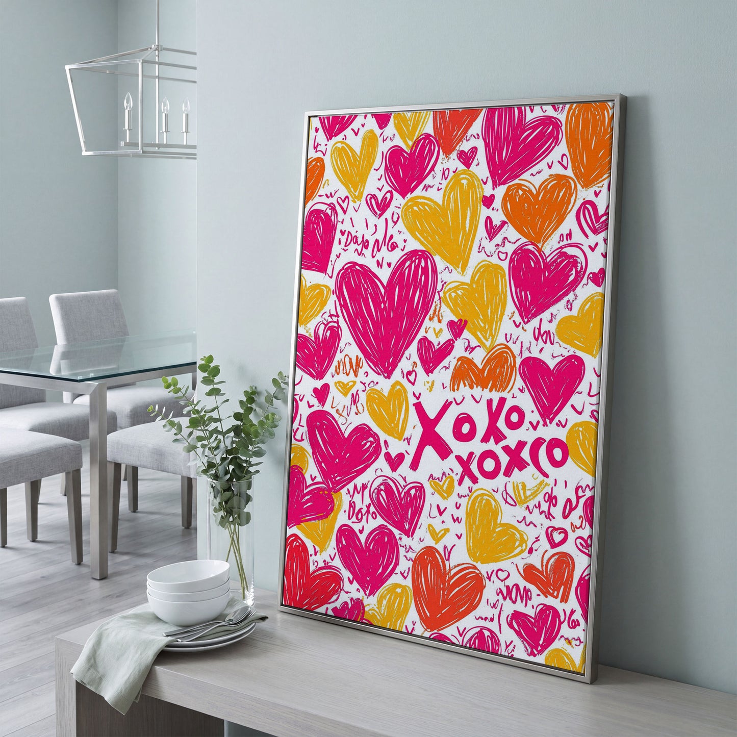 Vivid Hearts Canvas Print with XOXO Pattern in silver floating frame