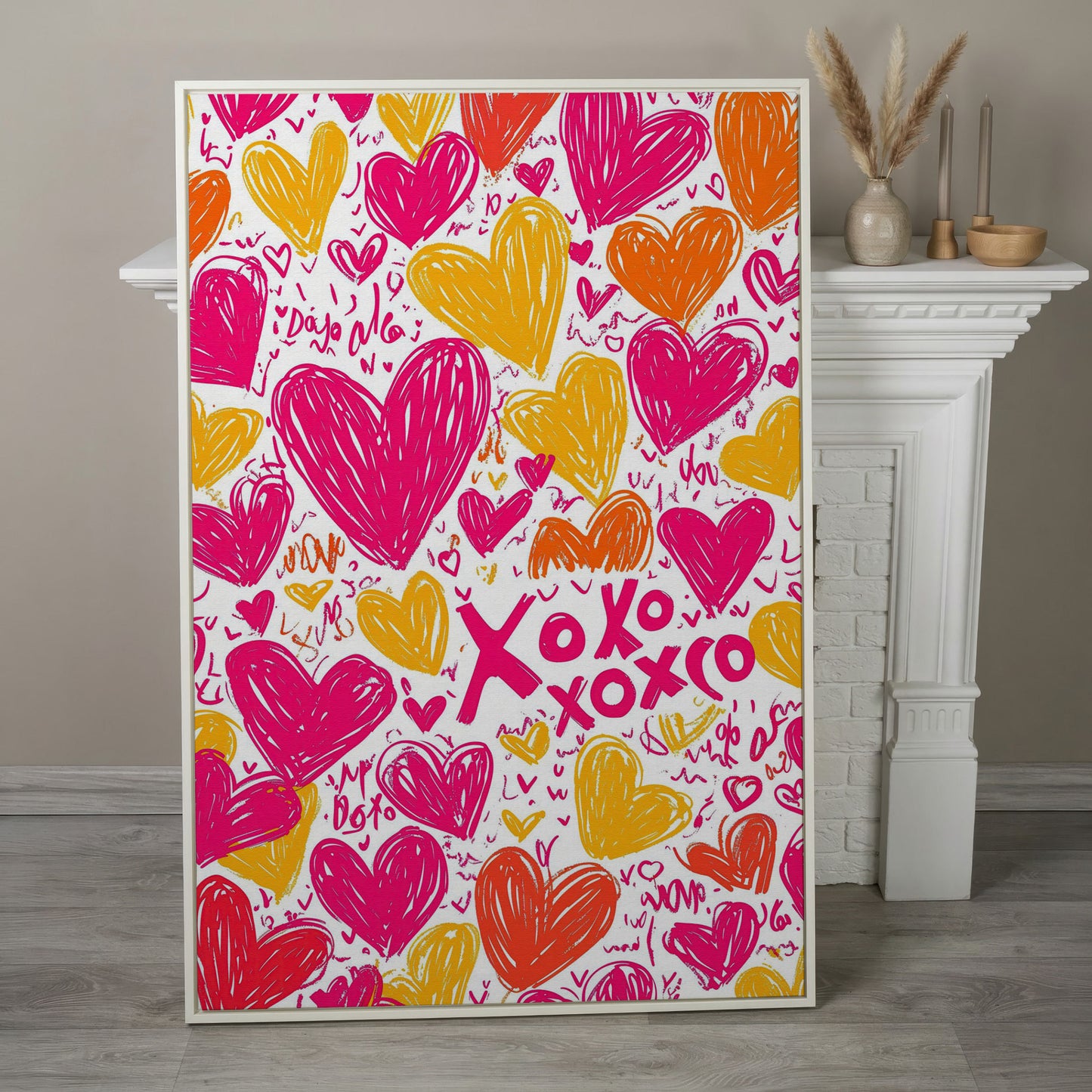 Vivid Hearts Canvas Print with XOXO Pattern in white floating frame