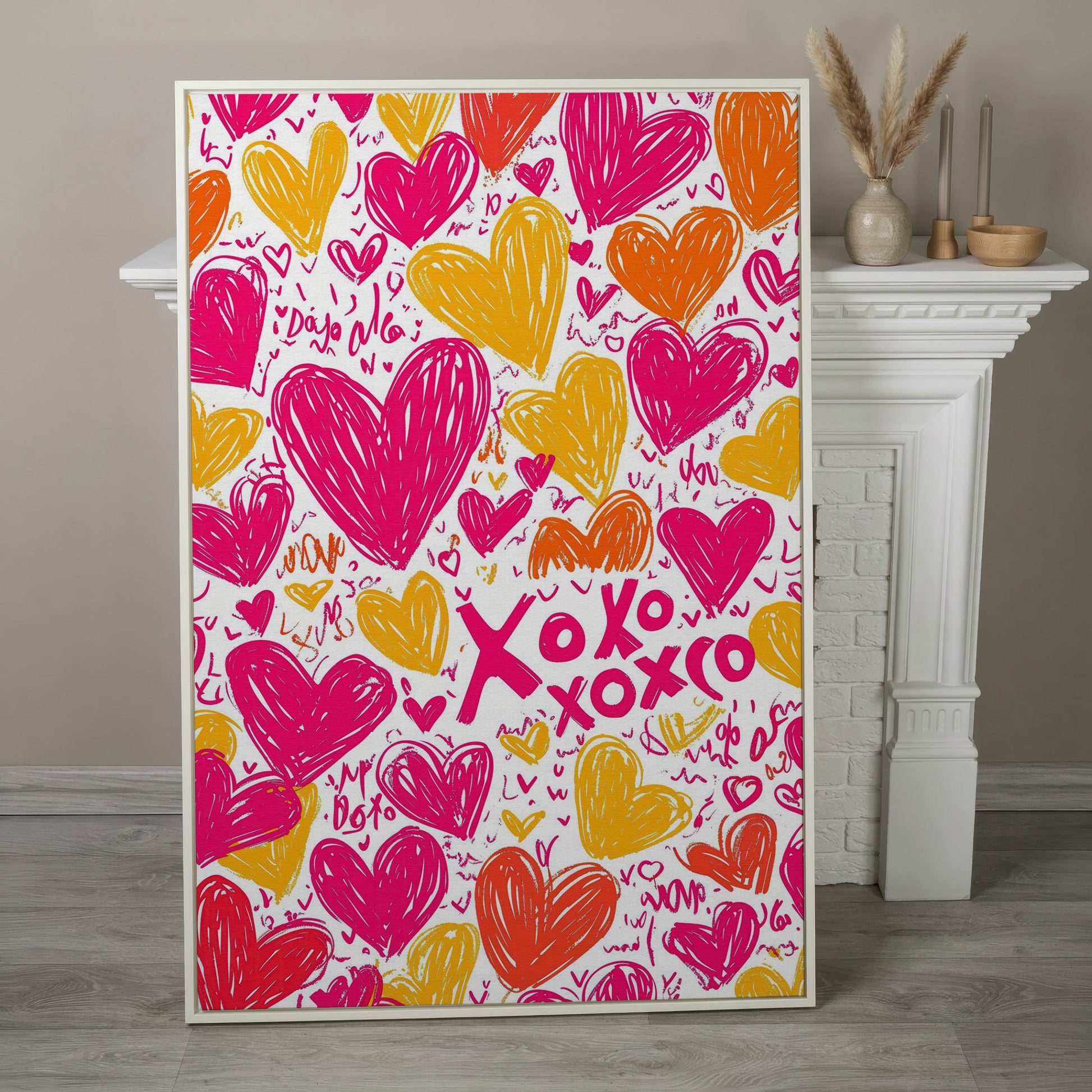Vivid Hearts Canvas Print with XOXO Pattern in white floating frame