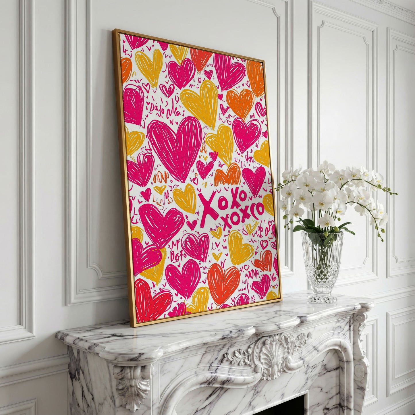 Vivid Hearts Canvas Print with XOXO Pattern in yellow gold floating frame