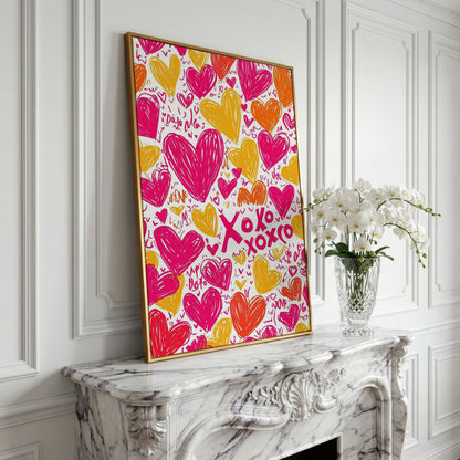 Vivid Hearts Canvas Print with XOXO Pattern in yellow gold floating frame
