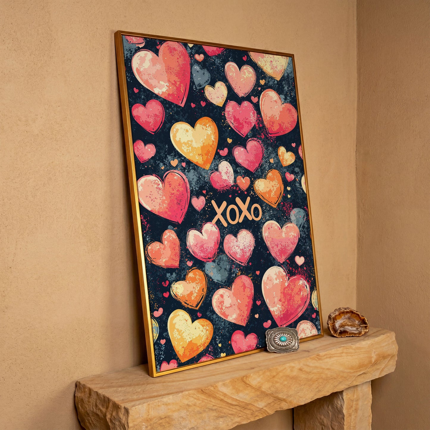 Colorful Hearts Canvas Print in antique gold floating frame