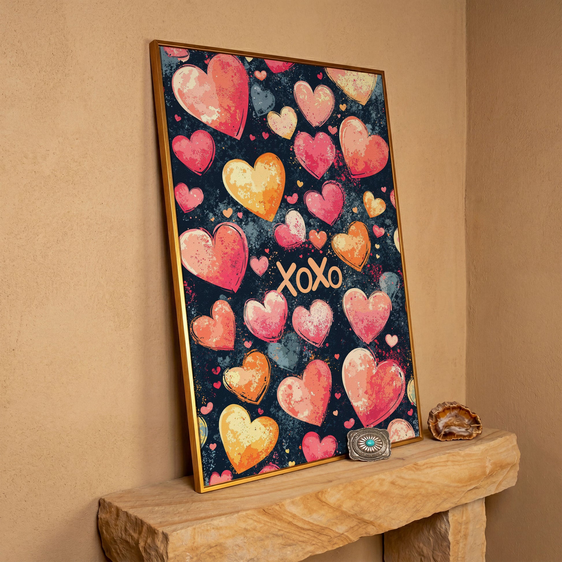 Colorful Hearts Canvas Print in antique gold floating frame