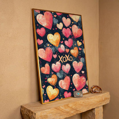 Colorful Hearts Canvas Print in antique gold floating frame