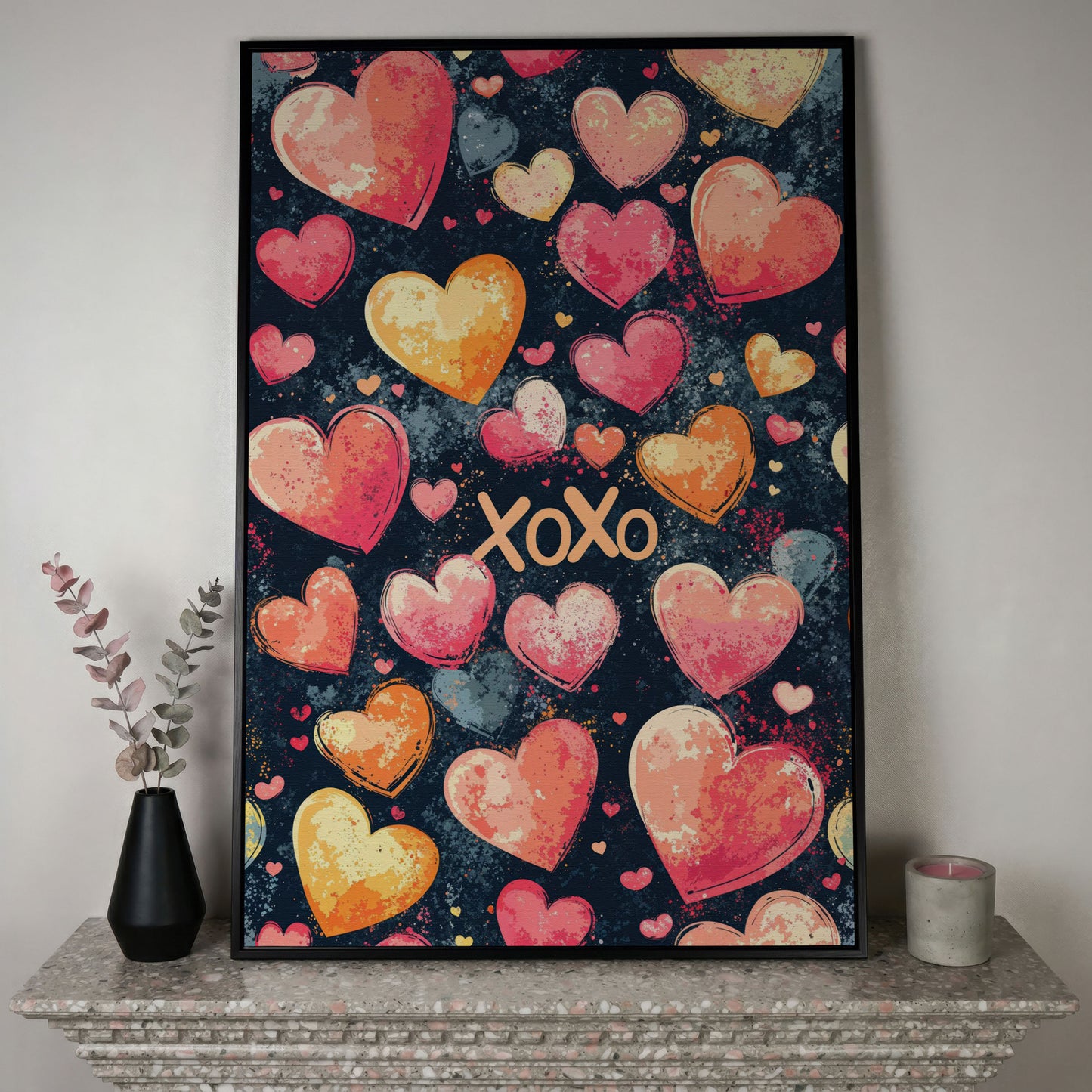 Colorful Hearts Canvas Print in black floating frame