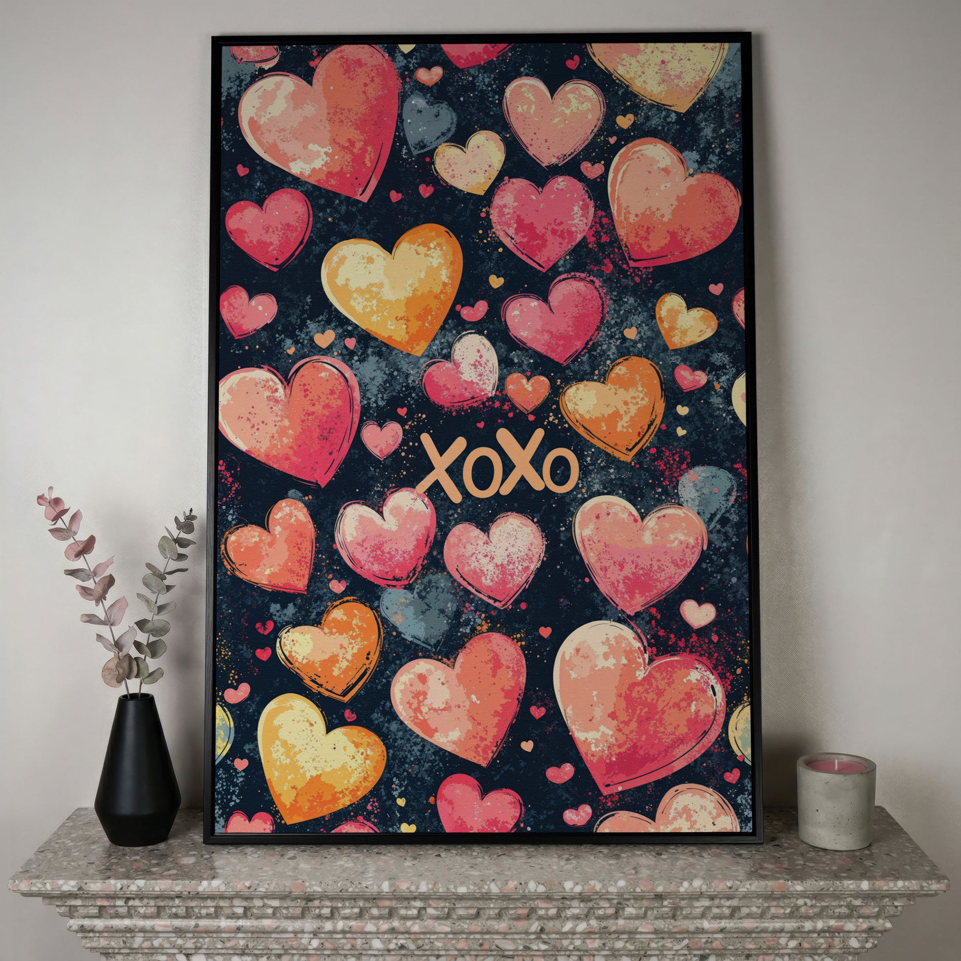 Colorful Hearts Canvas Print in black floating frame