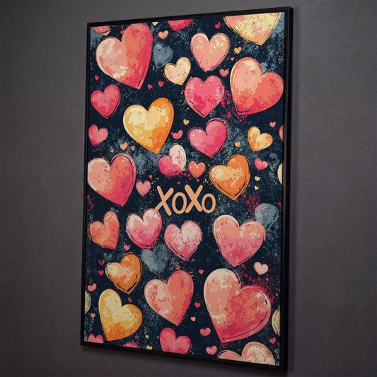 Colorful Hearts Canvas Print shown in black floating frame