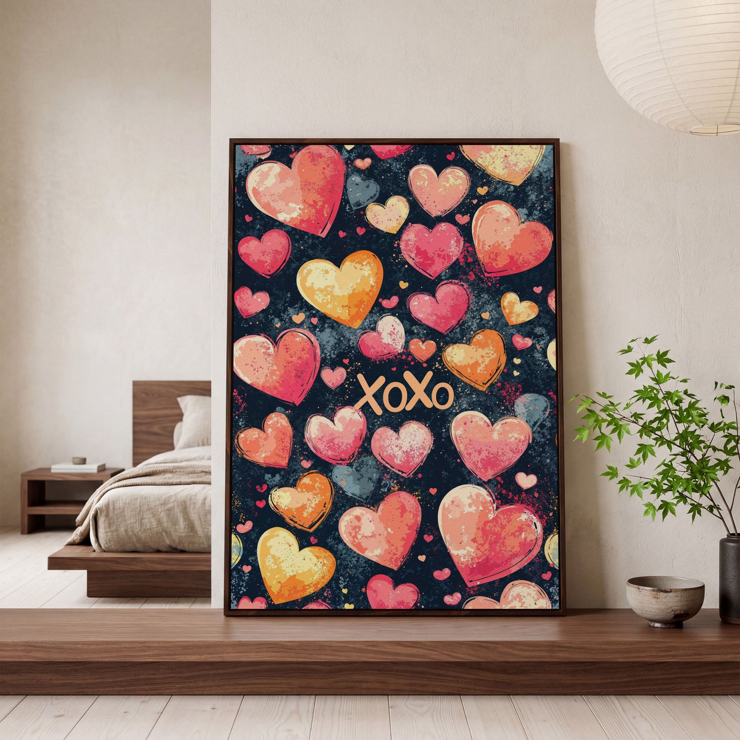 Colorful Hearts Canvas Print in dark walnut floating frame