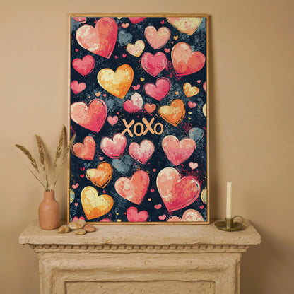 Colorful Hearts Canvas Print in white oak floating frame
