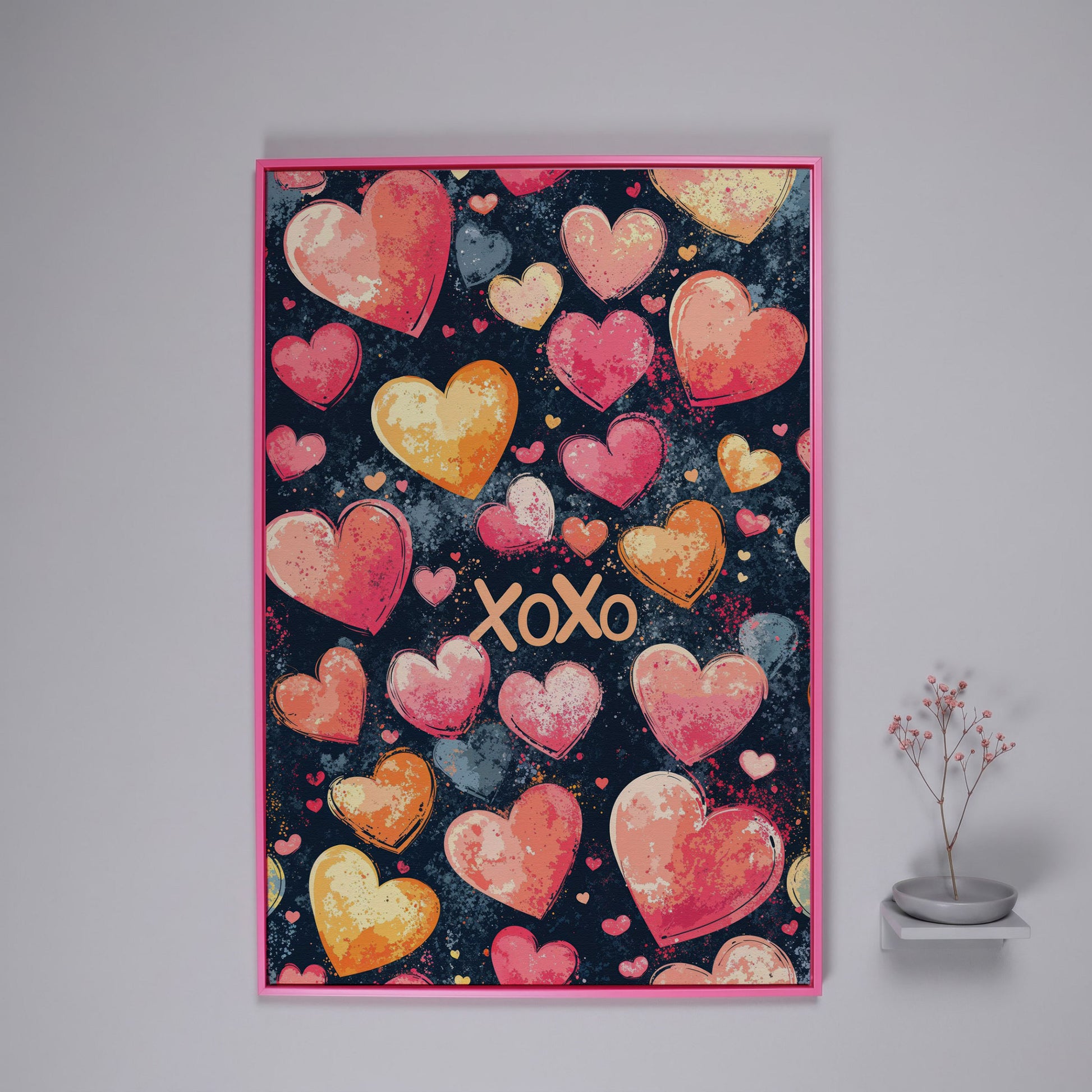 Colorful Hearts Canvas Print in pink floating frame