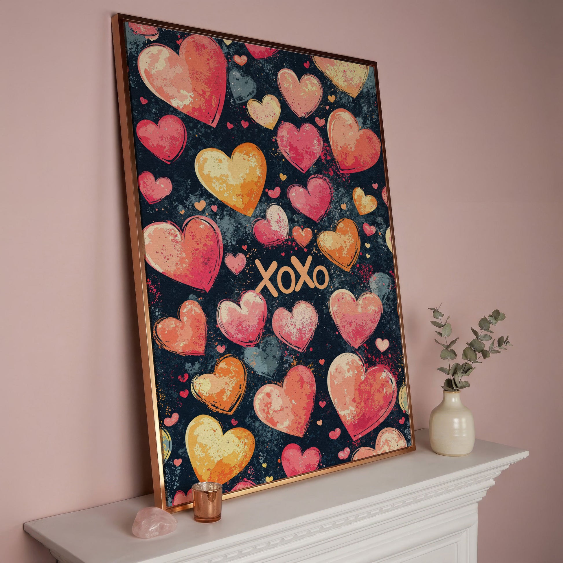 Colorful Hearts Canvas Print in rose gold floating frame