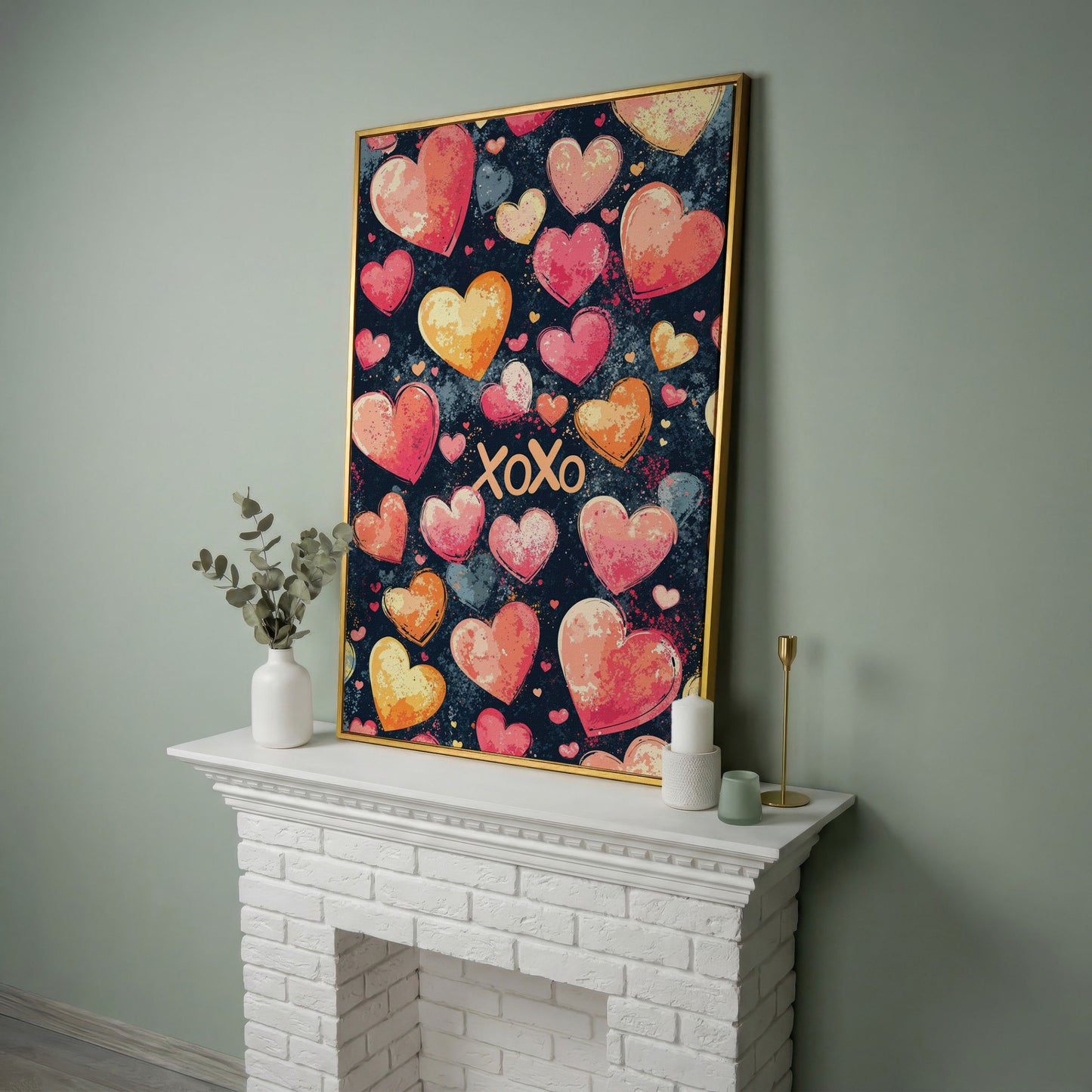Colorful Hearts Canvas Print in yellow gold floating frame