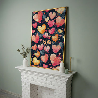 Colorful Hearts Canvas Print in yellow gold floating frame
