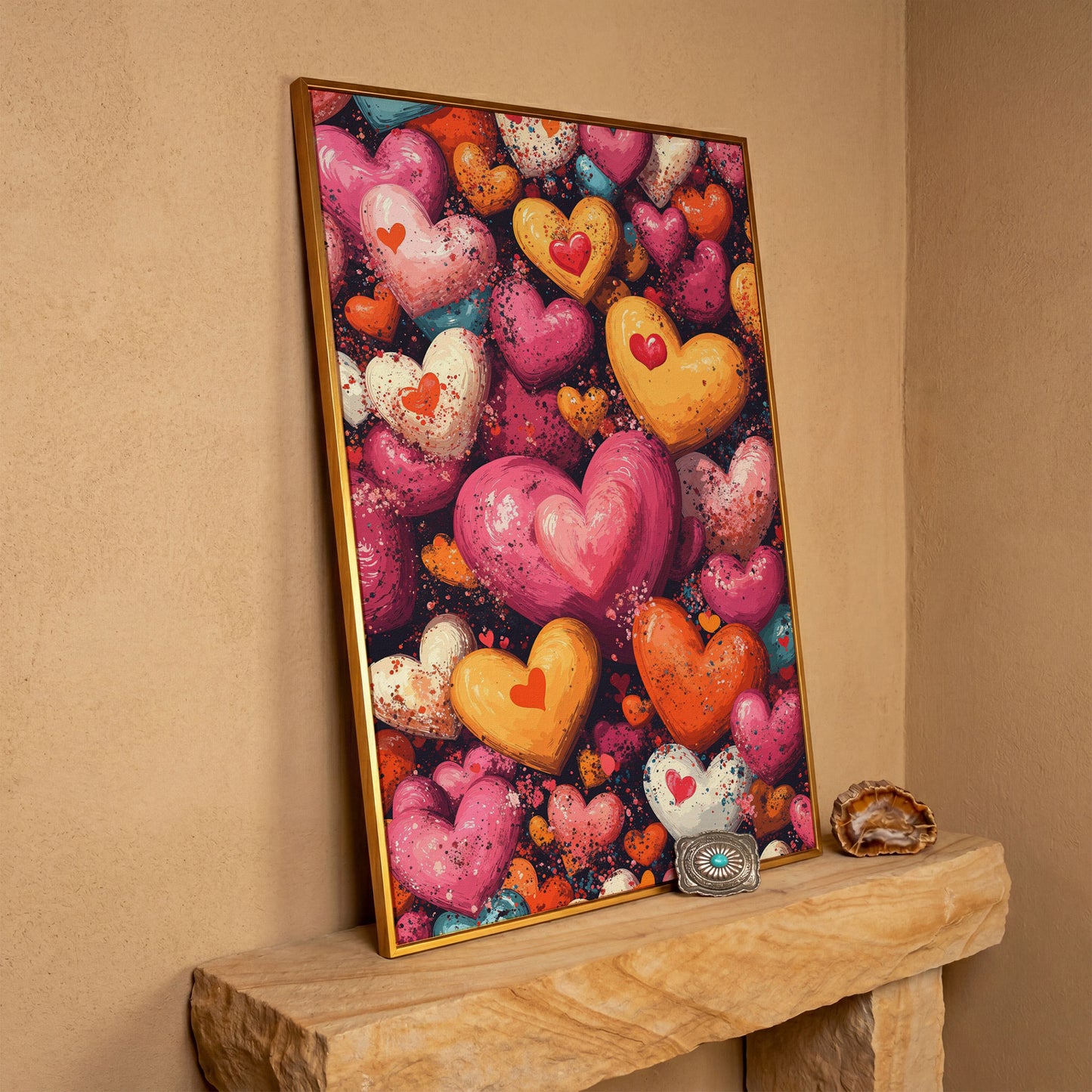 Nested Hearts Canvas in Pink and Orange in antique gold floating frame