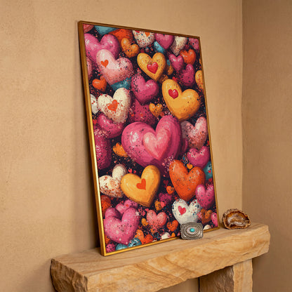 Nested Hearts Canvas in Pink and Orange in antique gold floating frame