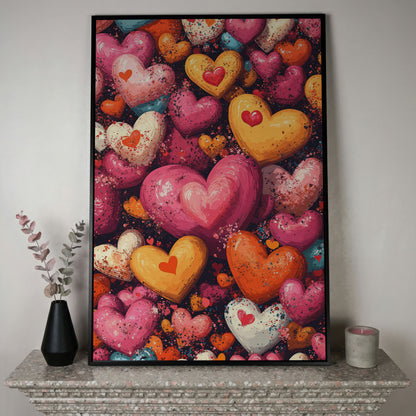 Nested Hearts Canvas in Pink and Orange in black floating frame