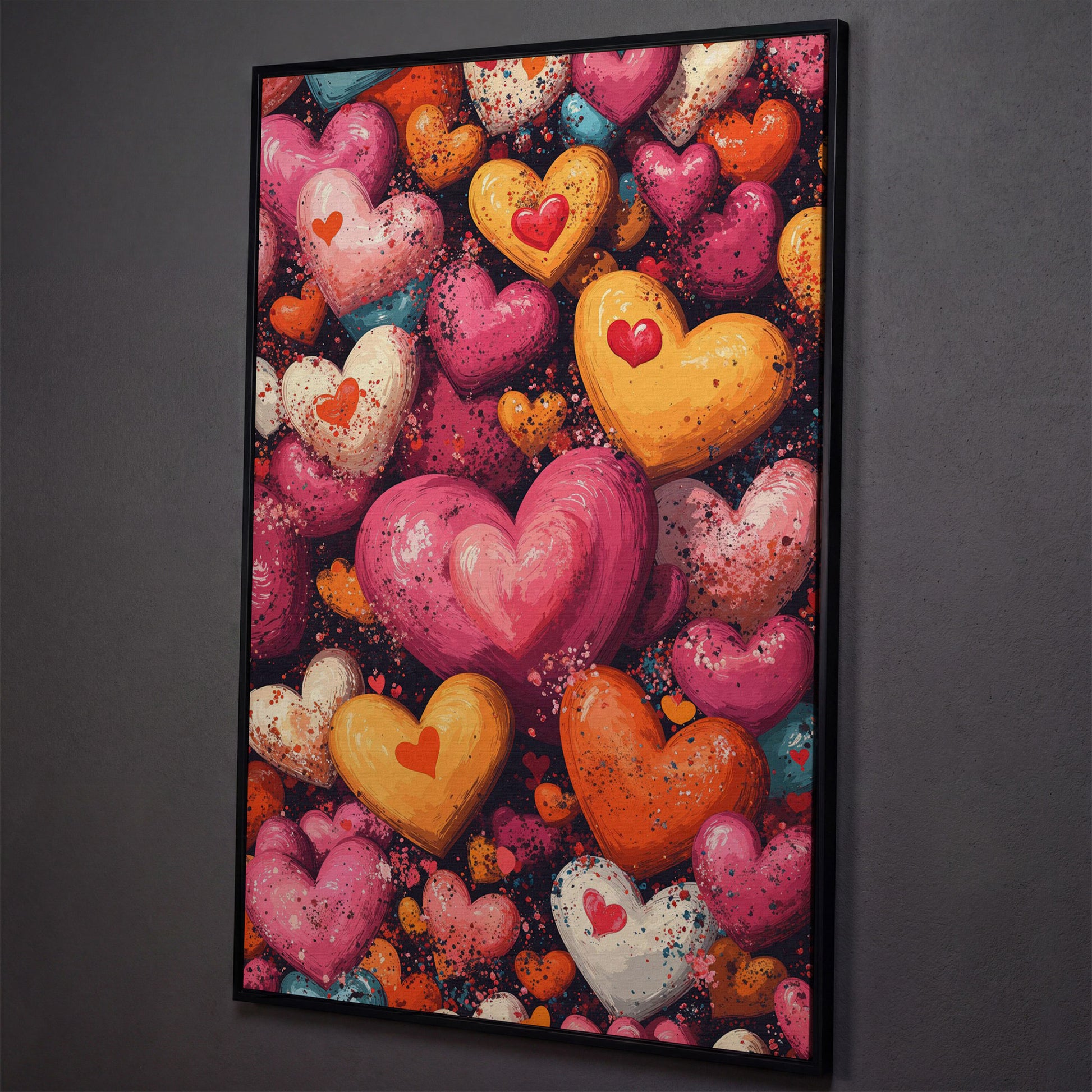 Nested Hearts Canvas in Pink and Orange shown in black floating frame
