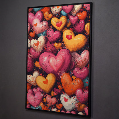 Nested Hearts Canvas in Pink and Orange shown in black floating frame