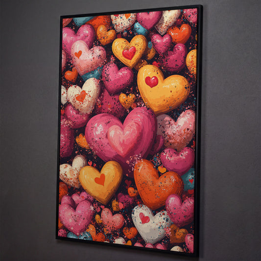 Nested Hearts Canvas in Pink and Orange shown in black floating frame
