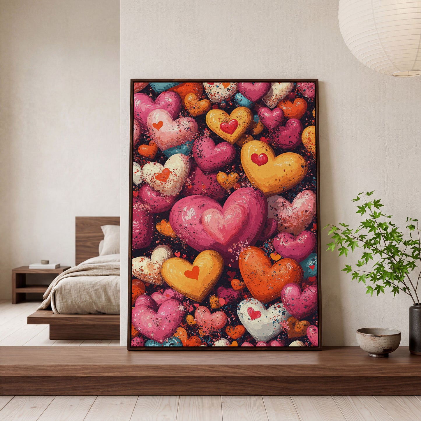 Nested Hearts Canvas in Pink and Orange in dark walnut floating frame