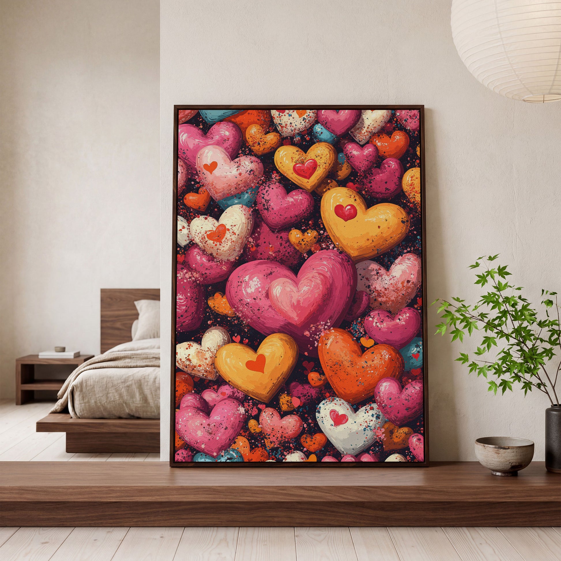 Nested Hearts Canvas in Pink and Orange in dark walnut floating frame