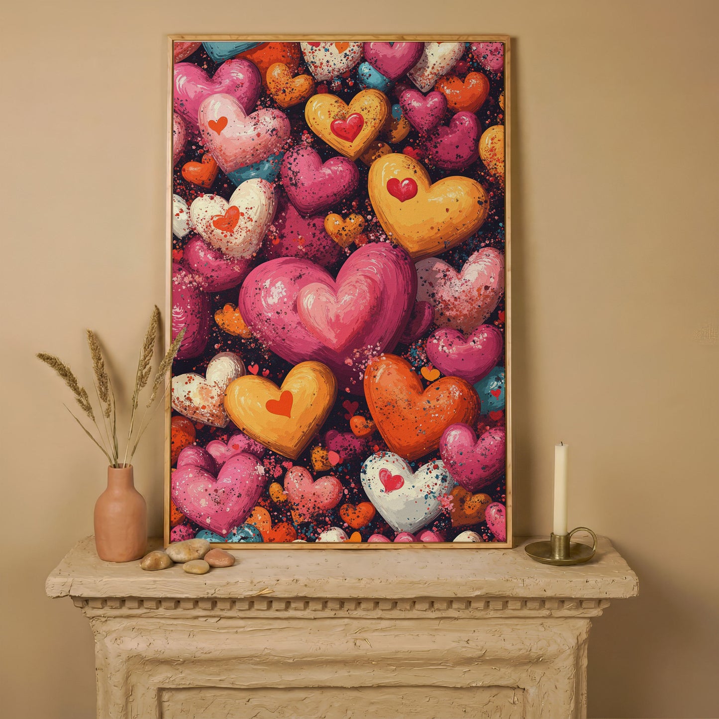 Nested Hearts Canvas in Pink and Orange in white oak floating frame