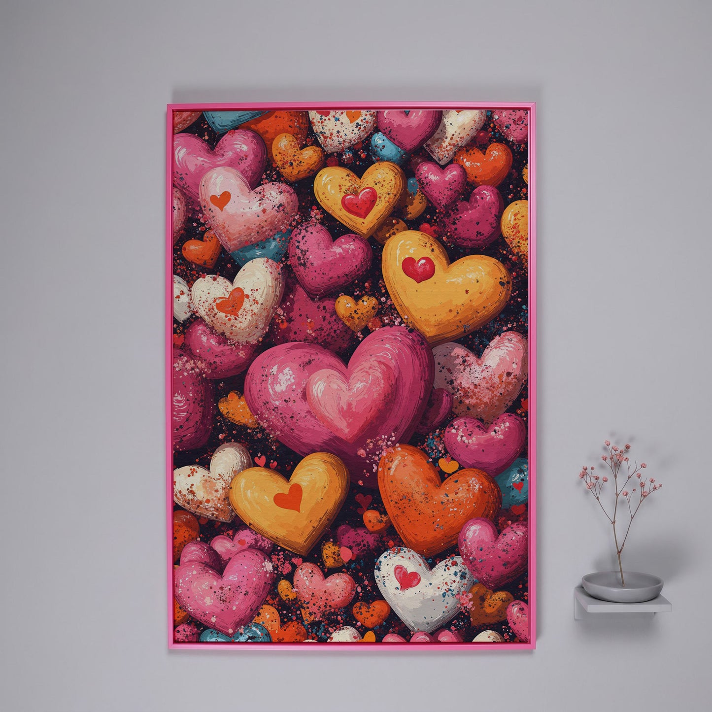 Nested Hearts Canvas in Pink and Orange in pink floating frame