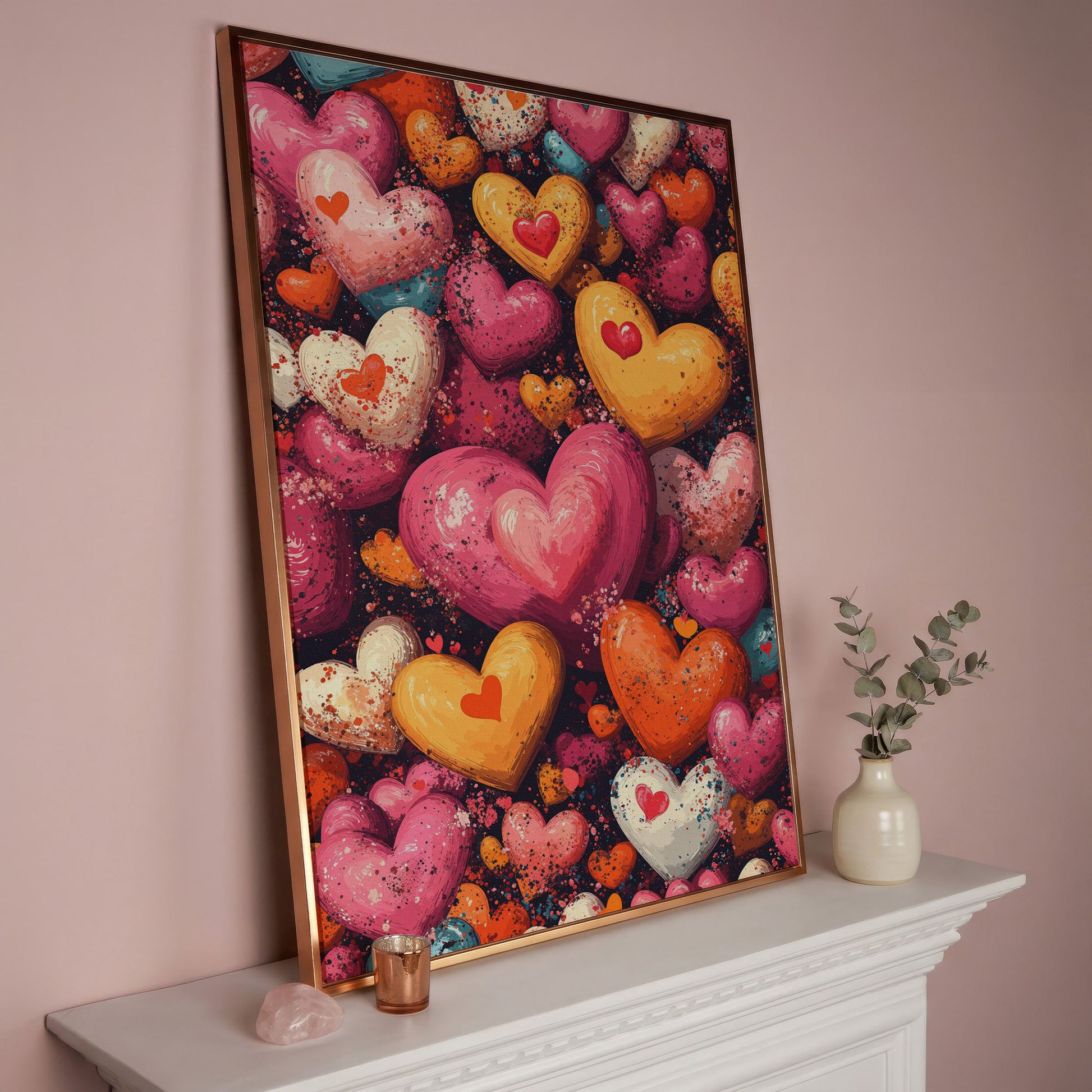 Nested Hearts Canvas in Pink and Orange in rose gold floating frame