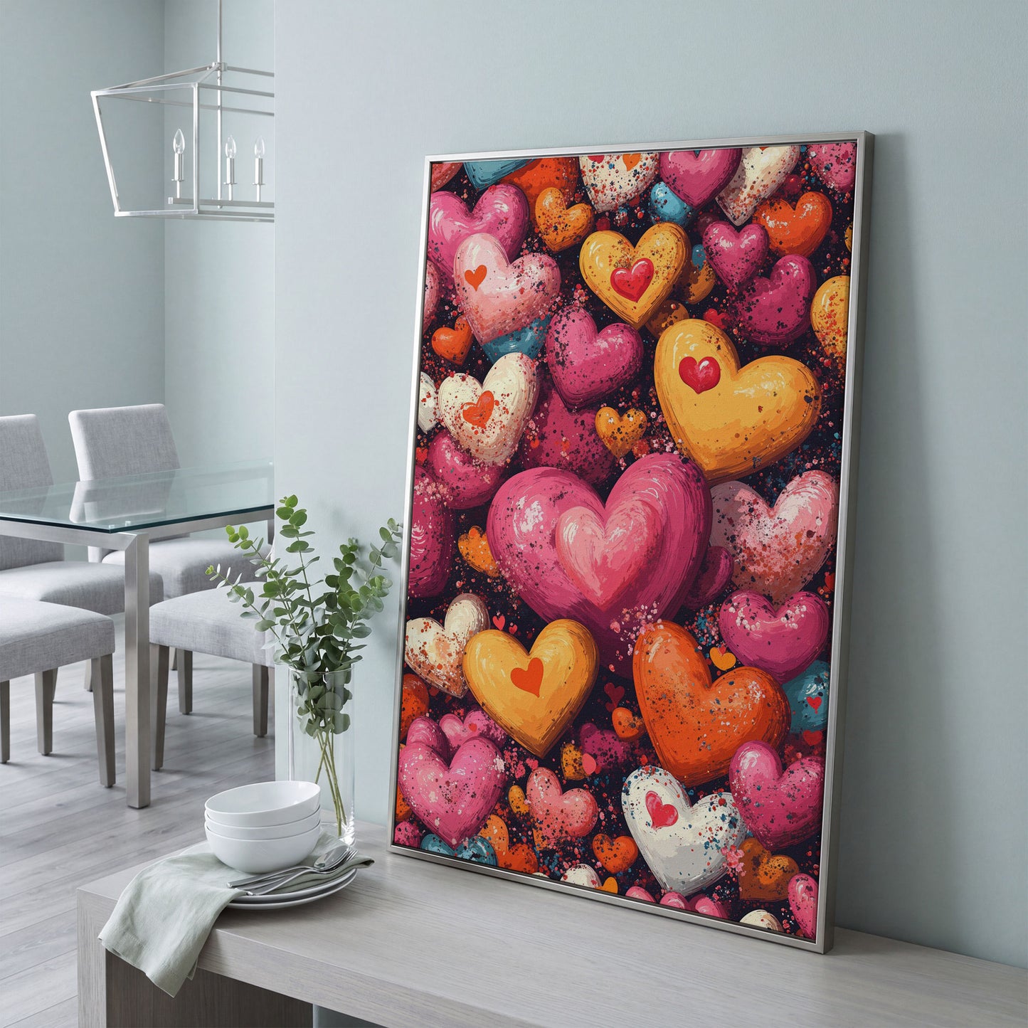 Nested Hearts Canvas in Pink and Orange in silver floating frame