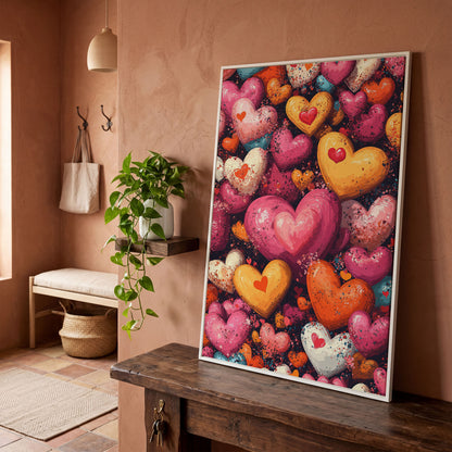 Nested Hearts Canvas in Pink and Orange in white floating frame