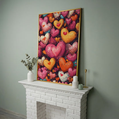 Nested Hearts Canvas in Pink and Orange in yellow gold floating frame