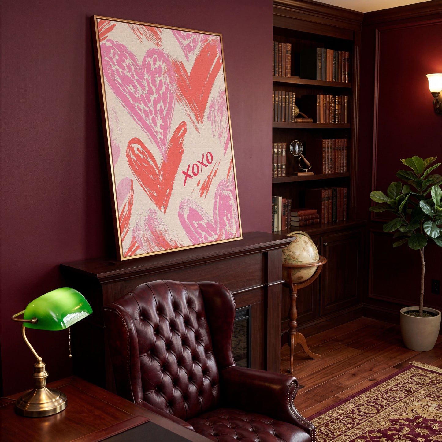 XOXO Pink Heart Canvas Print in antique gold floating frame