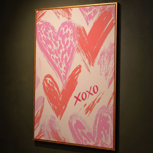 XOXO Pink Heart Canvas Print shown in antique gold floating frame
