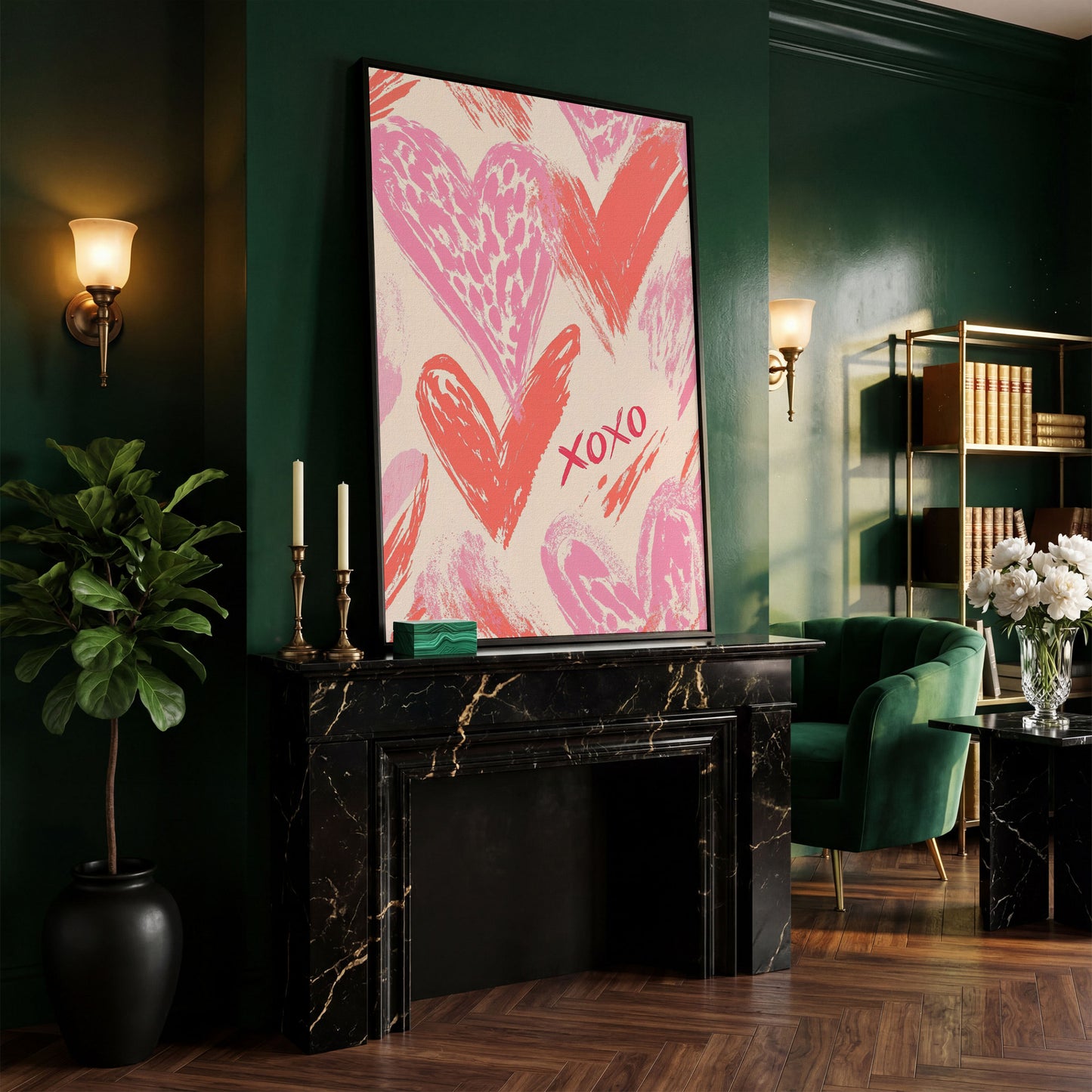 XOXO Pink Heart Canvas Print in black floating frame