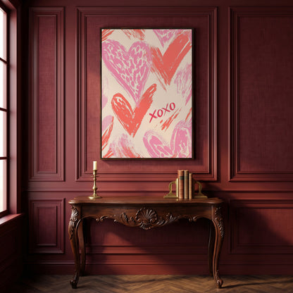 XOXO Pink Heart Canvas Print in dark walnut floating frame