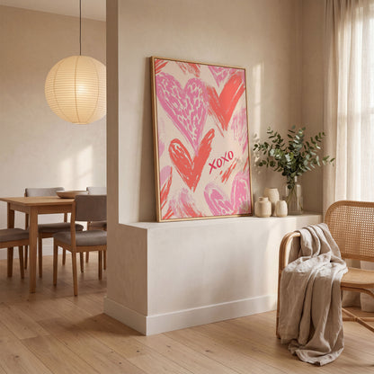XOXO Pink Heart Canvas Print in white oak floating frame
